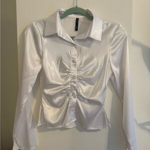 Elegant White Satin Rouched Blouse